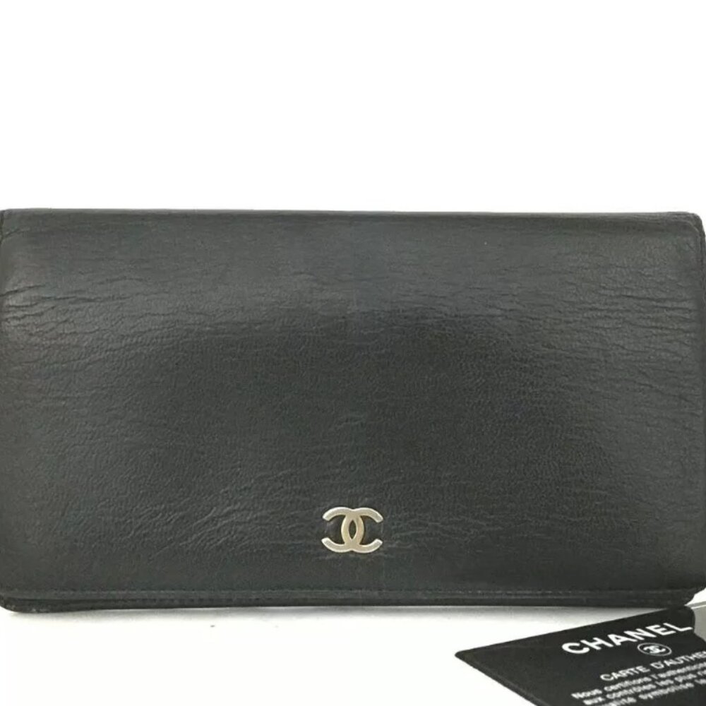 AUTHENTIC CHANEL CC BLACK LOGO LEATHER LONG BIFOLD WALLET
